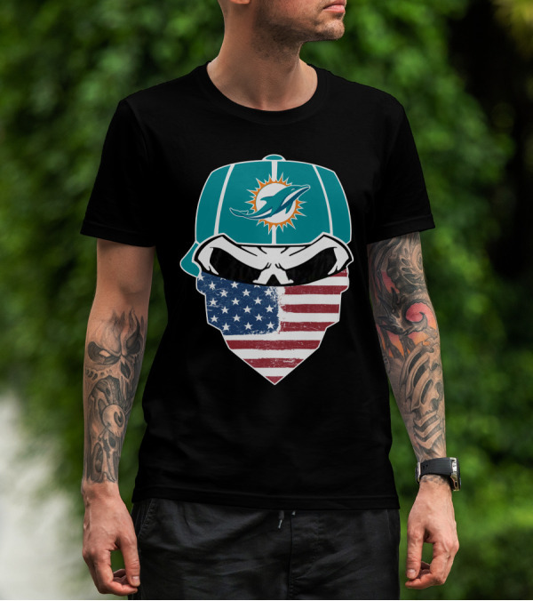 Miami Dolphins Skull American Flag Bandana T-Shirt