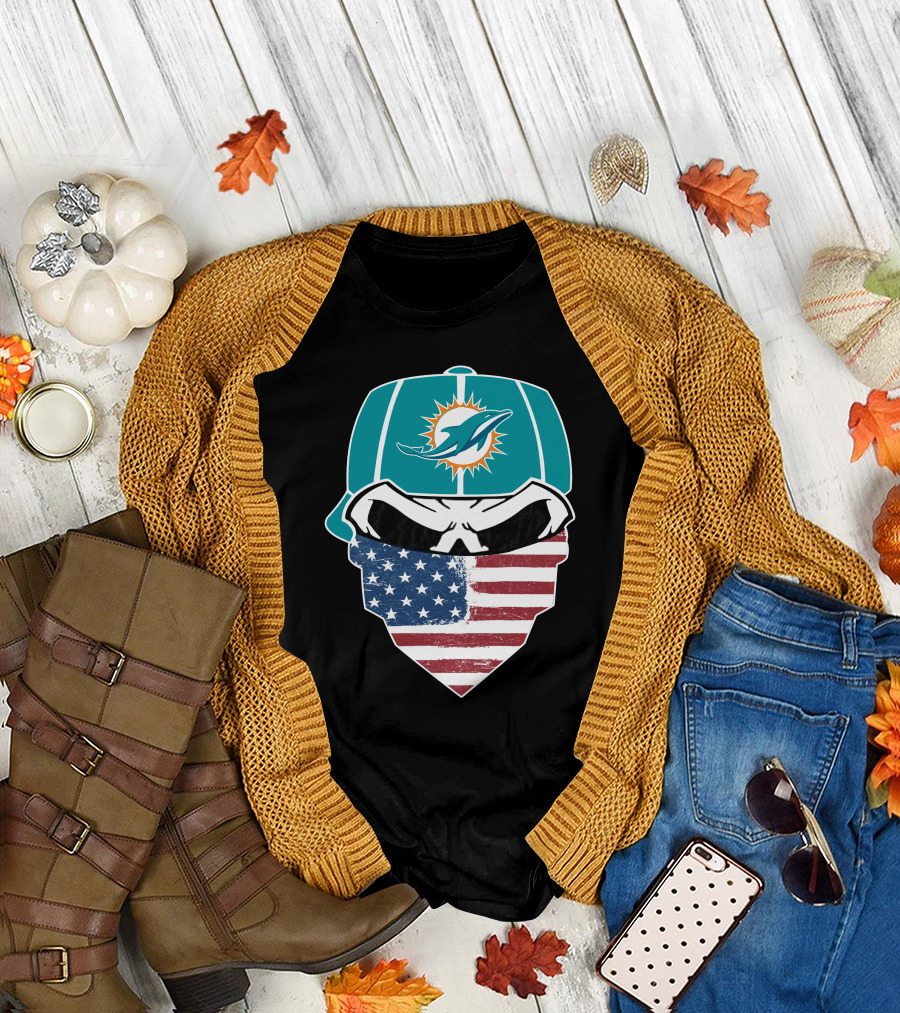 Miami Dolphins Skull American Flag Bandana T-Shirt