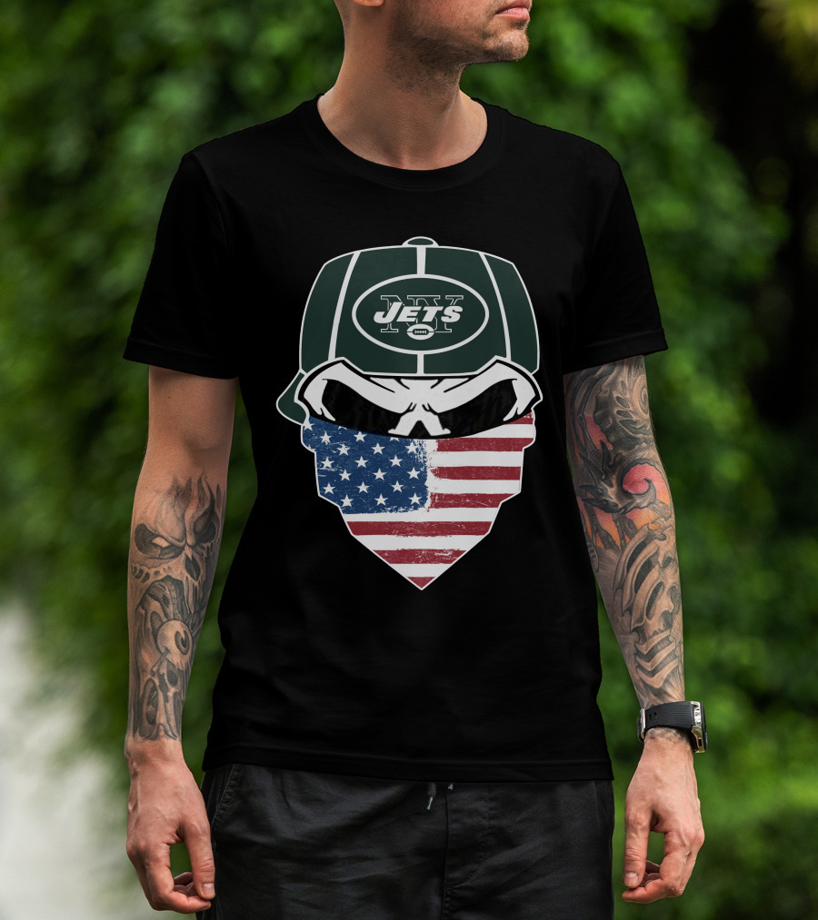 NY Jets Skull With American Flag Bandana T-Shirt