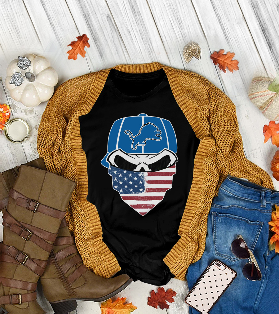 Detroit Lions Skull Bandana American Flag T-Shirt