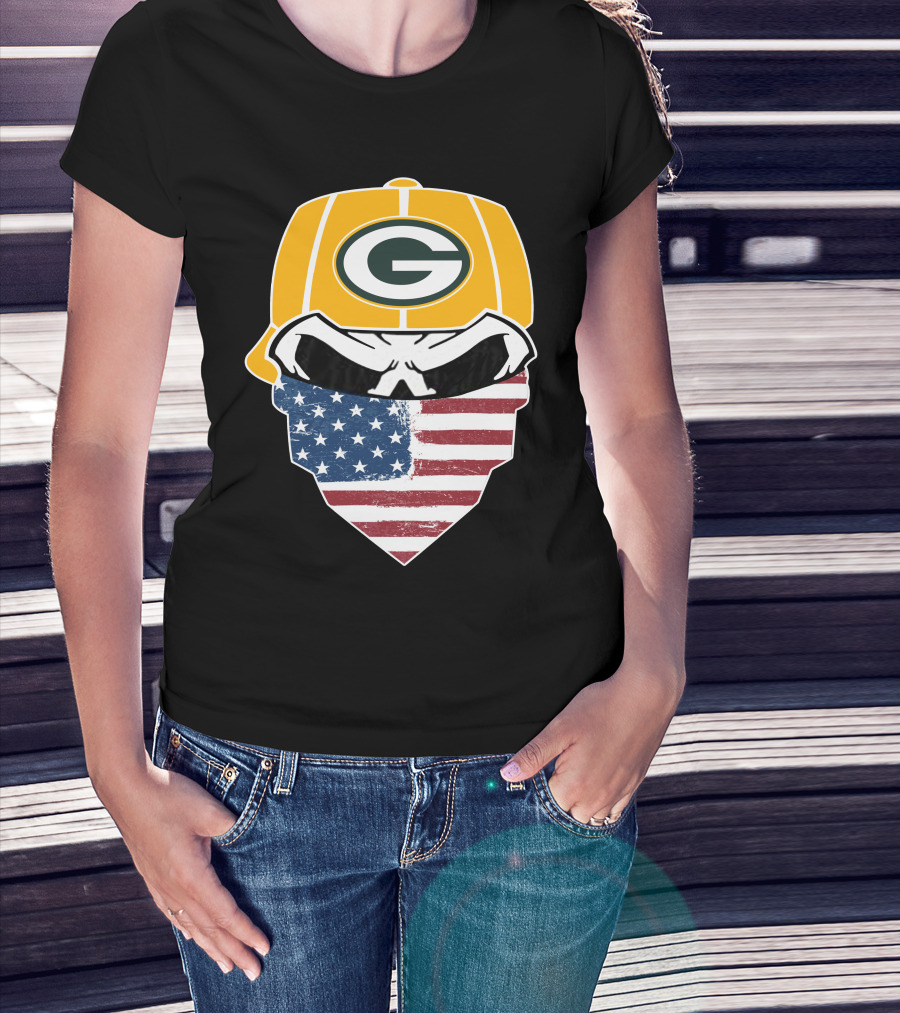 Packers Skull USA Flag Bandana Green Bay Packers Helmet T-Shirt