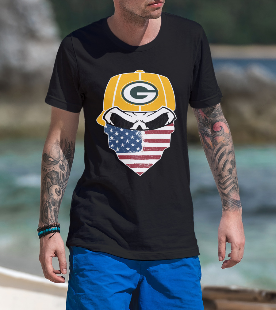 Packers Skull USA Flag Bandana Green Bay Packers Helmet T-Shirt