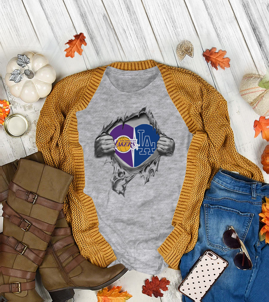 Los Angeles Lakers Dodgers Heart Rip T-Shirt
