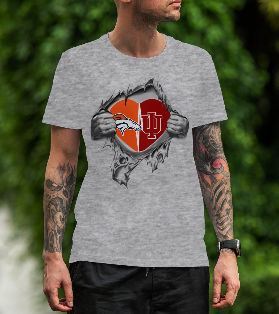Denver Broncos Indiana Hoosiers Heart Symbol With Team Logos T-Shirt