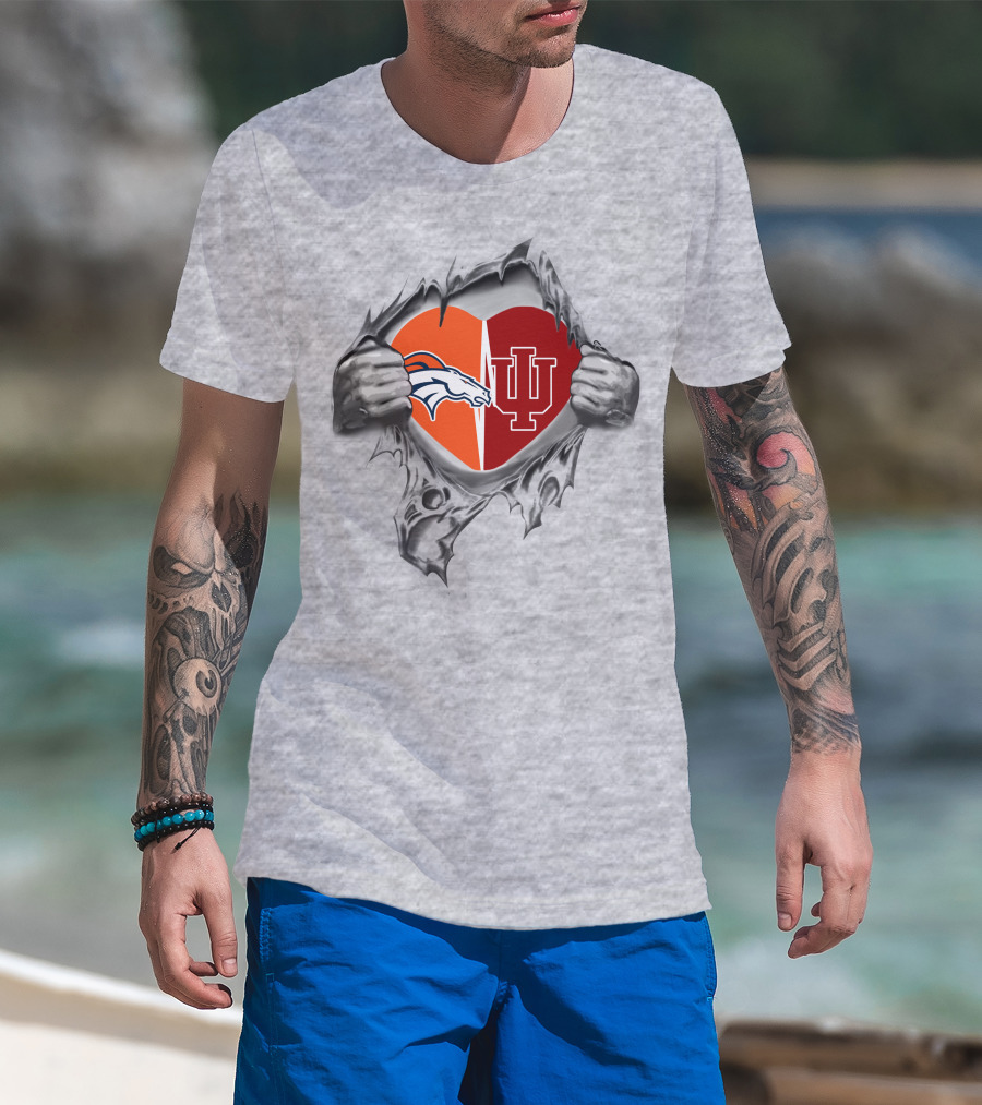 Denver Broncos Indiana Hoosiers Heart Symbol With Team Logos T-Shirt