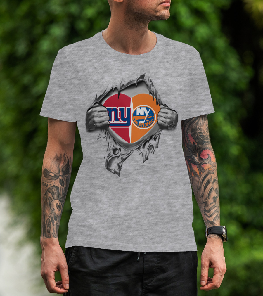 New York Giants And Islanders Heart Ripped Open T-Shirt