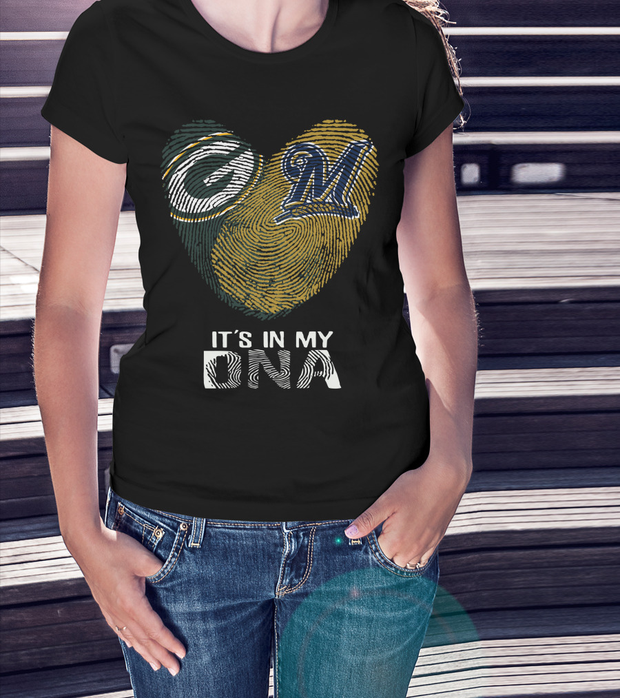 Packers Brewers It's In My Dna Heart Logo Fingerprint T-Shirt