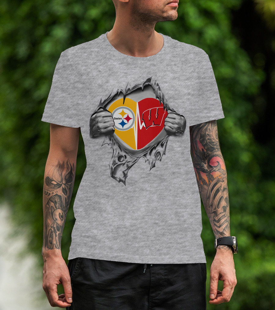 Steelers Badgers Heart With Logos In Torn T-Shirt