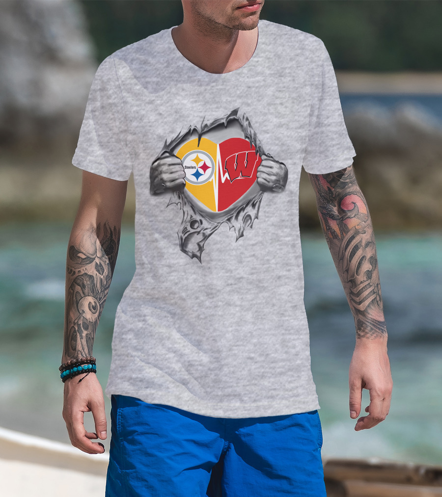 Steelers Badgers Heart With Logos In Torn T-Shirt