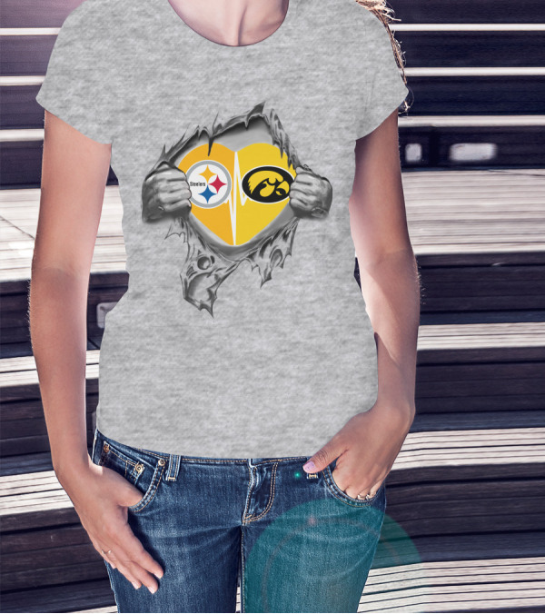 Steelers Hawkeyes Heartbeat Inside Layered Heart T-Shirt