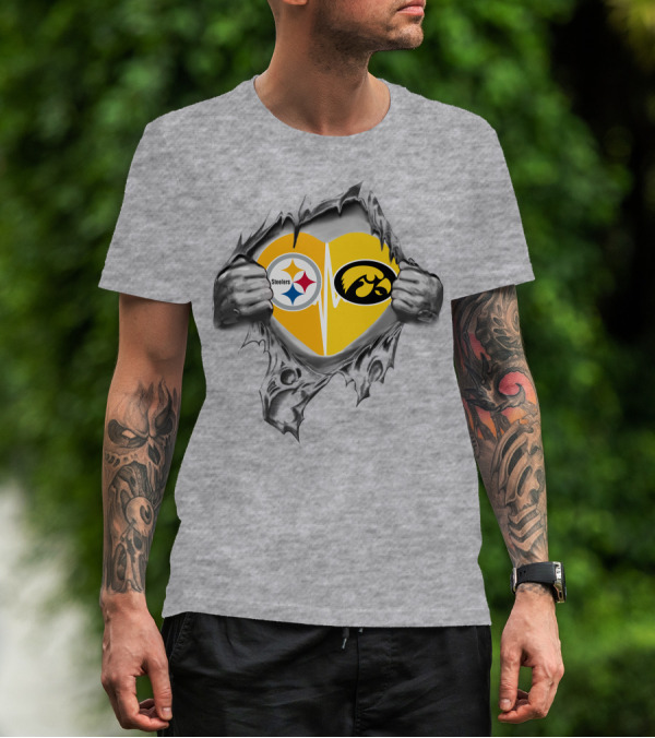 Steelers Hawkeyes Heartbeat Inside Layered Heart T-Shirt