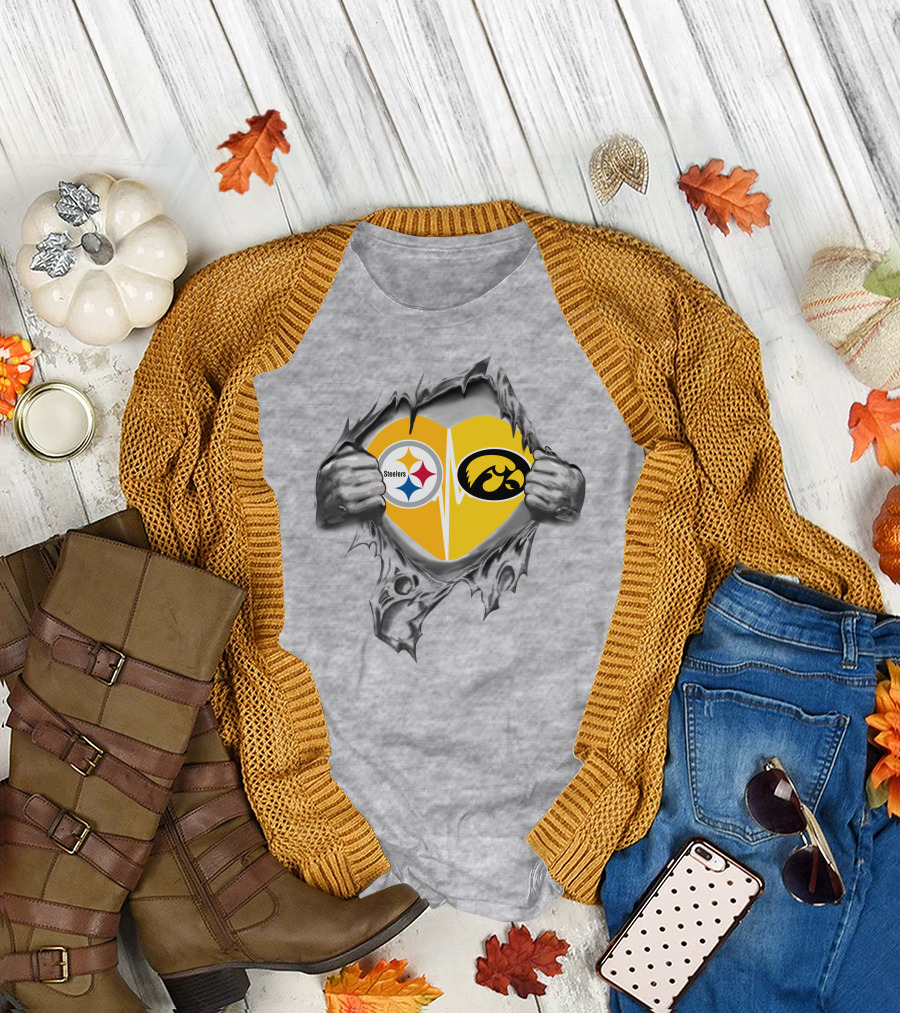 Steelers Hawkeyes Heartbeat Inside Layered Heart T-Shirt