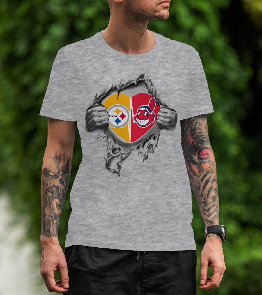 Steelers Indians Heart Split Logo Inside Ripped Hands T-Shirt