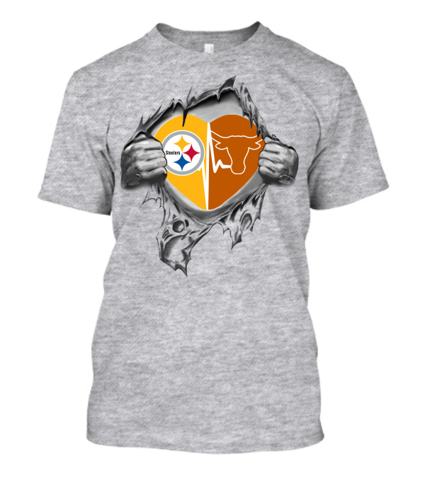 Steelers Longhorn Dual Heart Design With Team Logos In My Heart T-Shirt