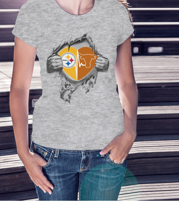 Steelers Longhorn Dual Heart Design With Team Logos In My Heart T-Shirt