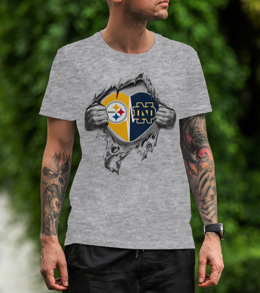 Steelers Notre Dame Heart Logos Inside Ripped Hands Steelers Notre Dame Heart T-Shirt