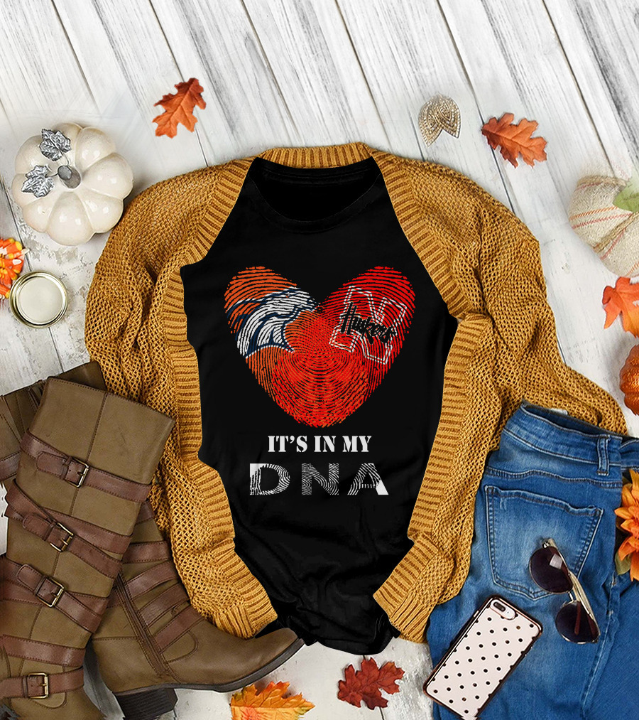 Broncos Huskers Heart Fingerprint It's In My DNA T-Shirt