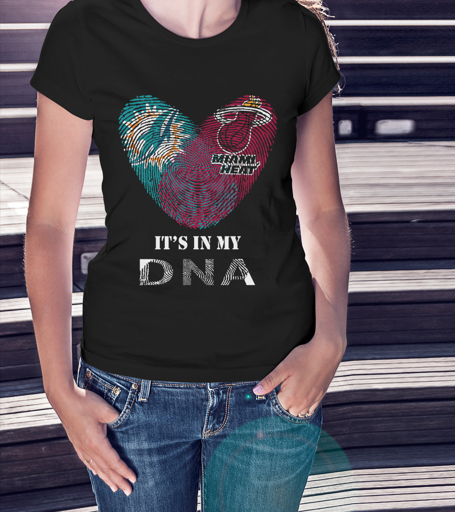 Miami Dolphins Miami Heat It's In My Dna Fingerprint Heart T-Shirt