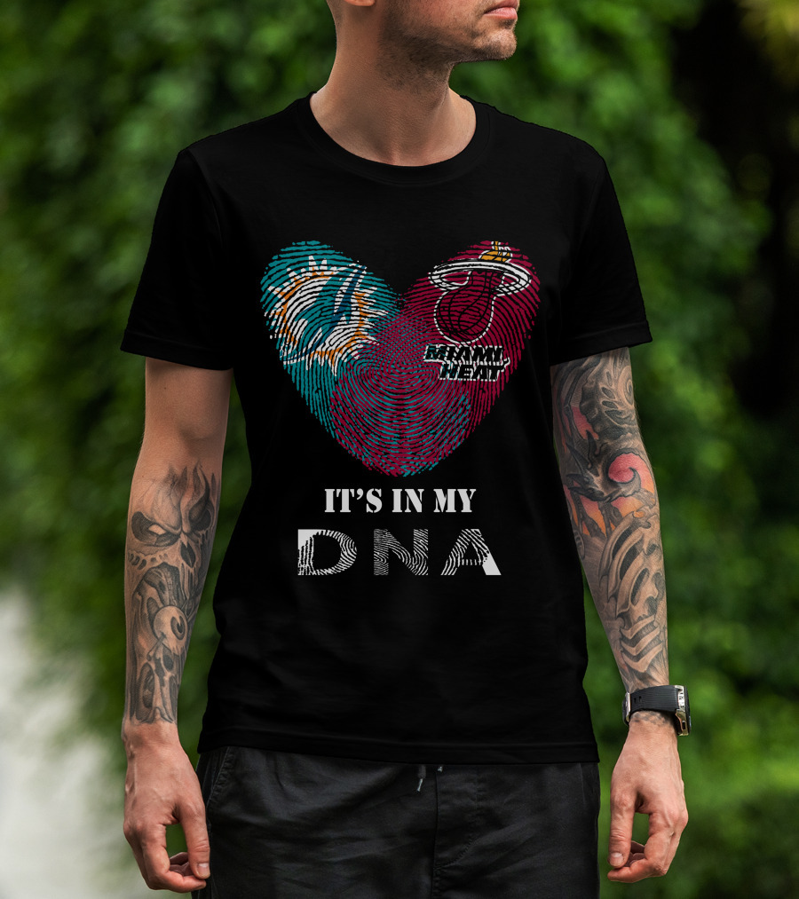 Miami Dolphins Miami Heat It's In My Dna Fingerprint Heart T-Shirt