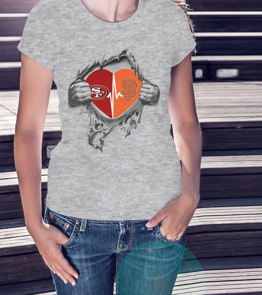 49ers Giants Heartbeat Logo Blended In Torn Heart T-Shirt