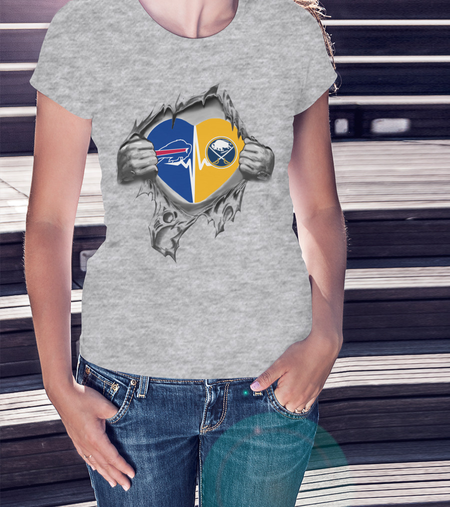 Bills Sabres Heart Torn Fabric Combined Team Logos Inside T-Shirt