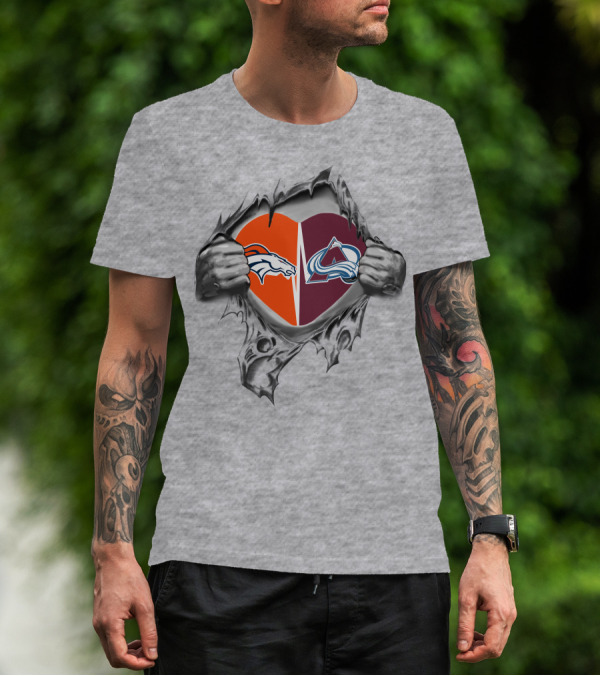 Broncos Avalanche Heart Logos Torn Gray Background T-Shirt