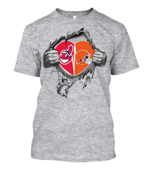 Browns Indians Heart Helmet Chief Wahoo Hands Split Tear T-Shirt