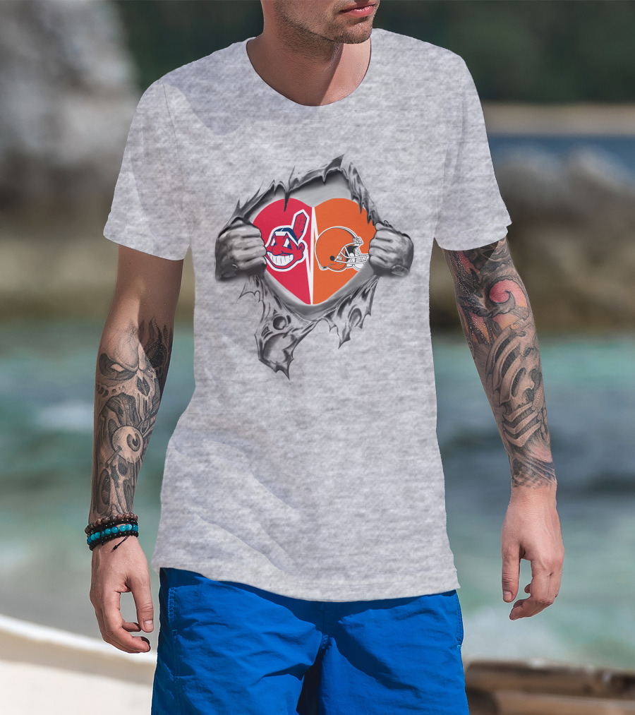 Browns Indians Heart Helmet Chief Wahoo Hands Split Tear T-Shirt