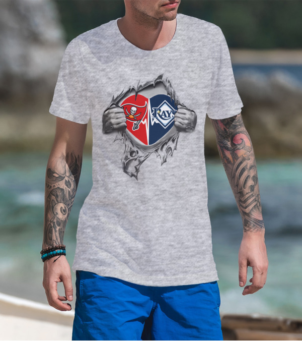 Buccaneers And Rays Heart Emblem Peeking Through Rip T-Shirt