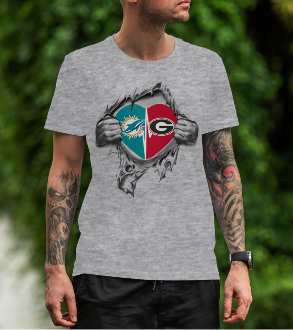 Dolphins Georgia Bulldogs Heart Logo Peeling Skin T-Shirt
