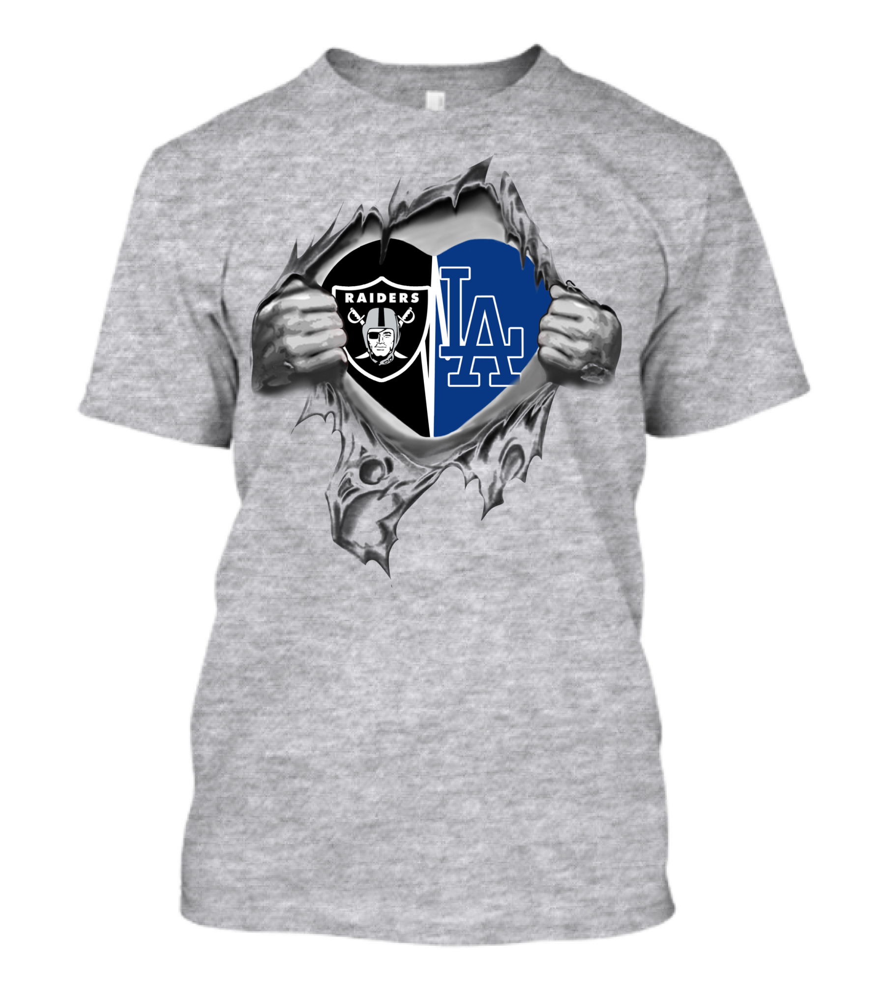 Raiders Dodgers Heart Emblem Tear Fusion T-Shirt