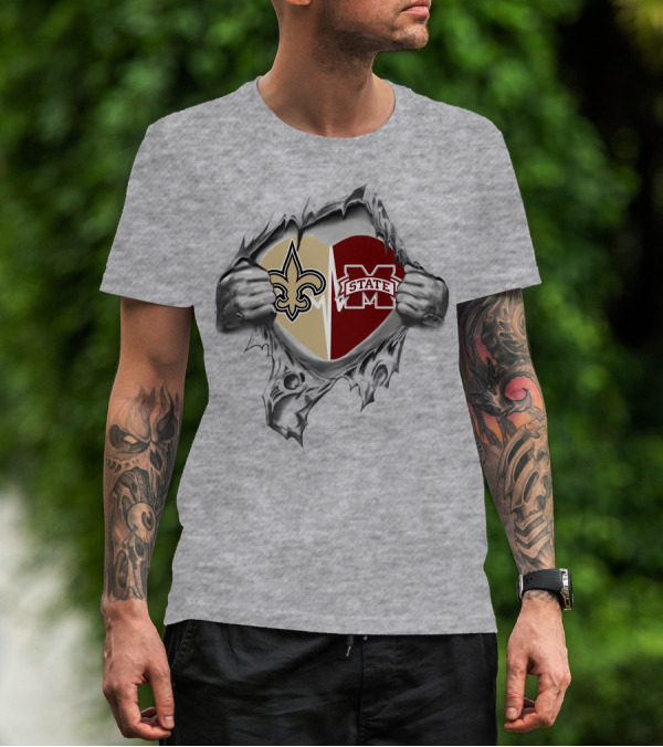 Saints MS State Heart Design Fleur-de-Lis And Bulldogs Ripped T-Shirt