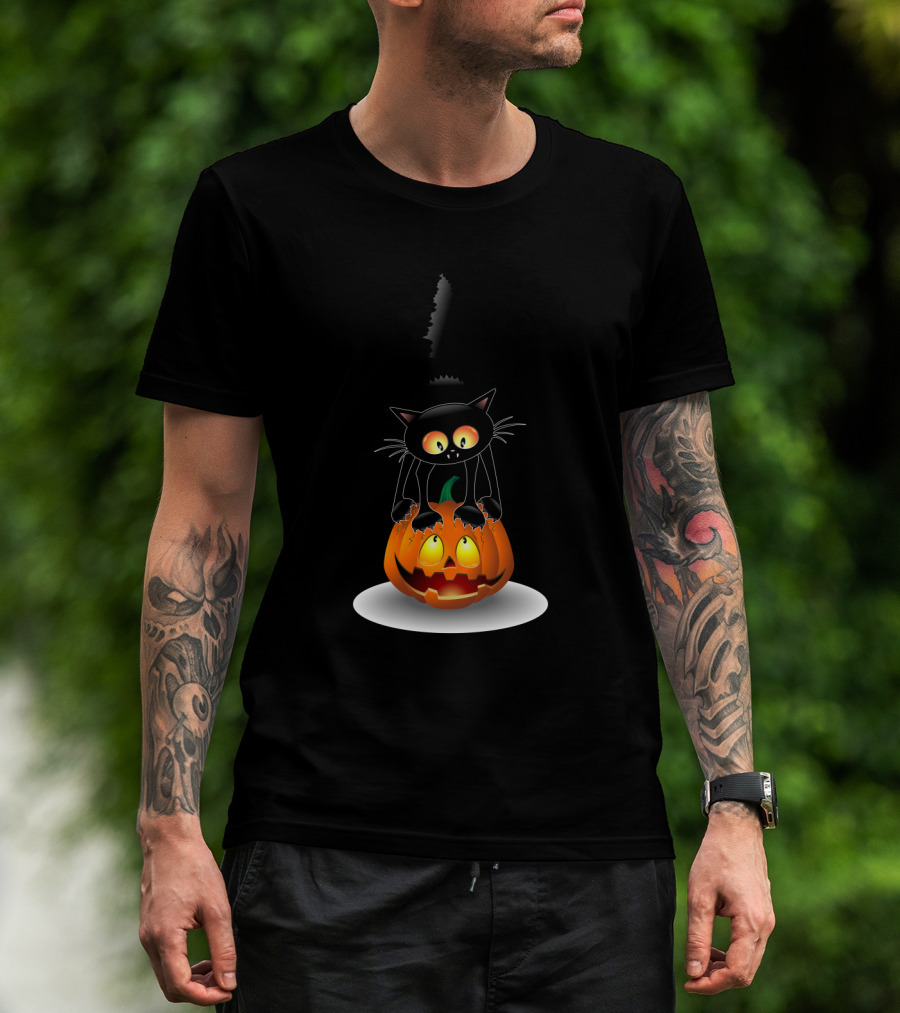 Disney Mickey Mouse Halloween Pumpkin Head With Black Cat Jack O'lantern T-Shirt