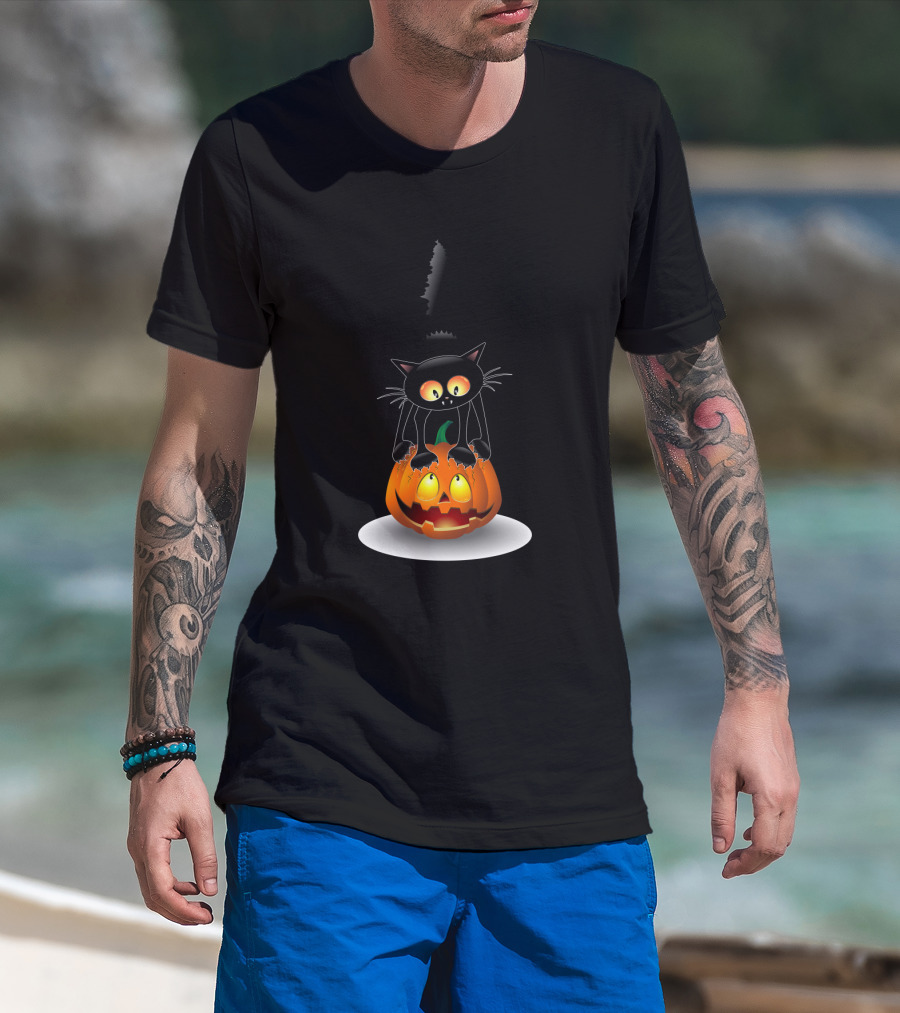 Disney Mickey Mouse Halloween Pumpkin Head With Black Cat Jack O'lantern T-Shirt