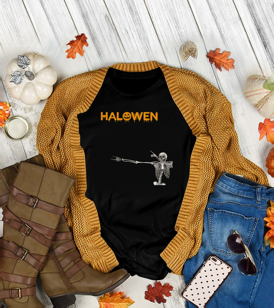 Halowen Skeleton Dabbing with Pumpkin Face T-Shirt