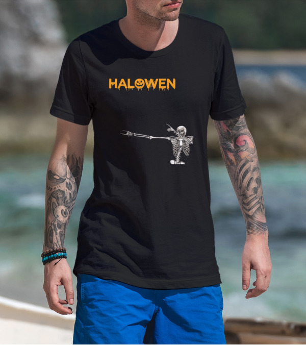 Halowen Skeleton Dabbing With Pumpkin Face T-Shirt