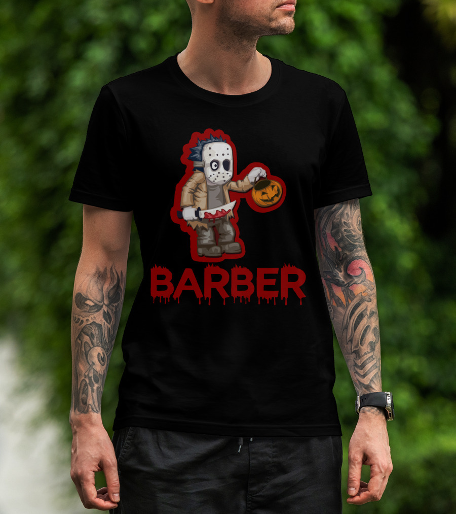Halloween Barber Hairstylist Masked Horror With Pumpkin And Knife T-Shirt