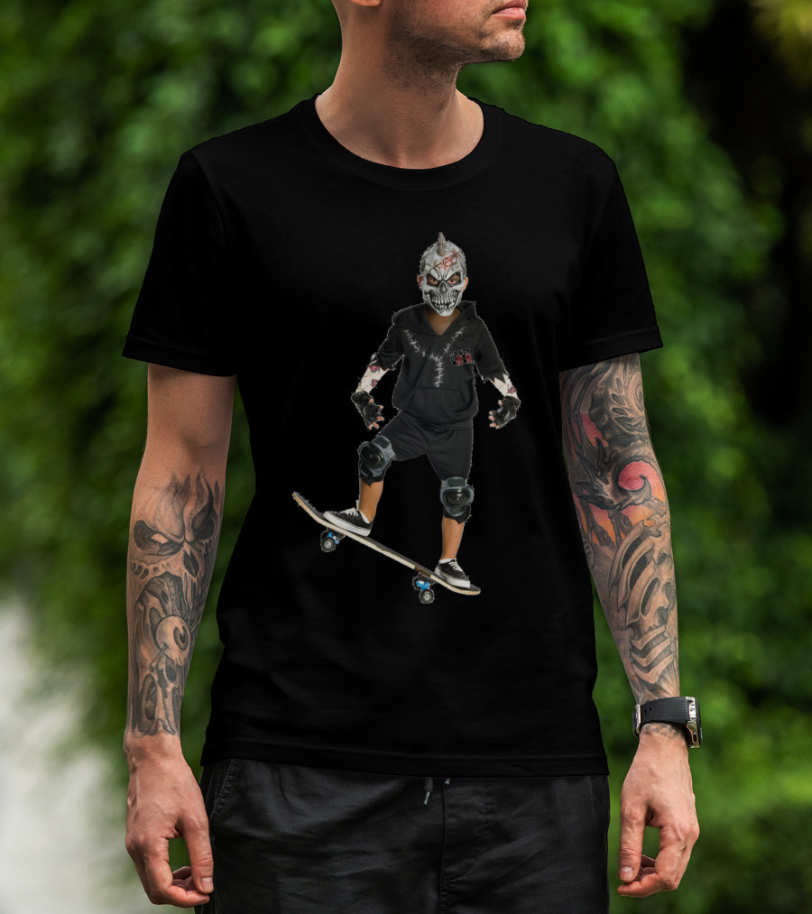 Halloween Costume Party Boy With Skull Mask On Skateboard T-Shirt