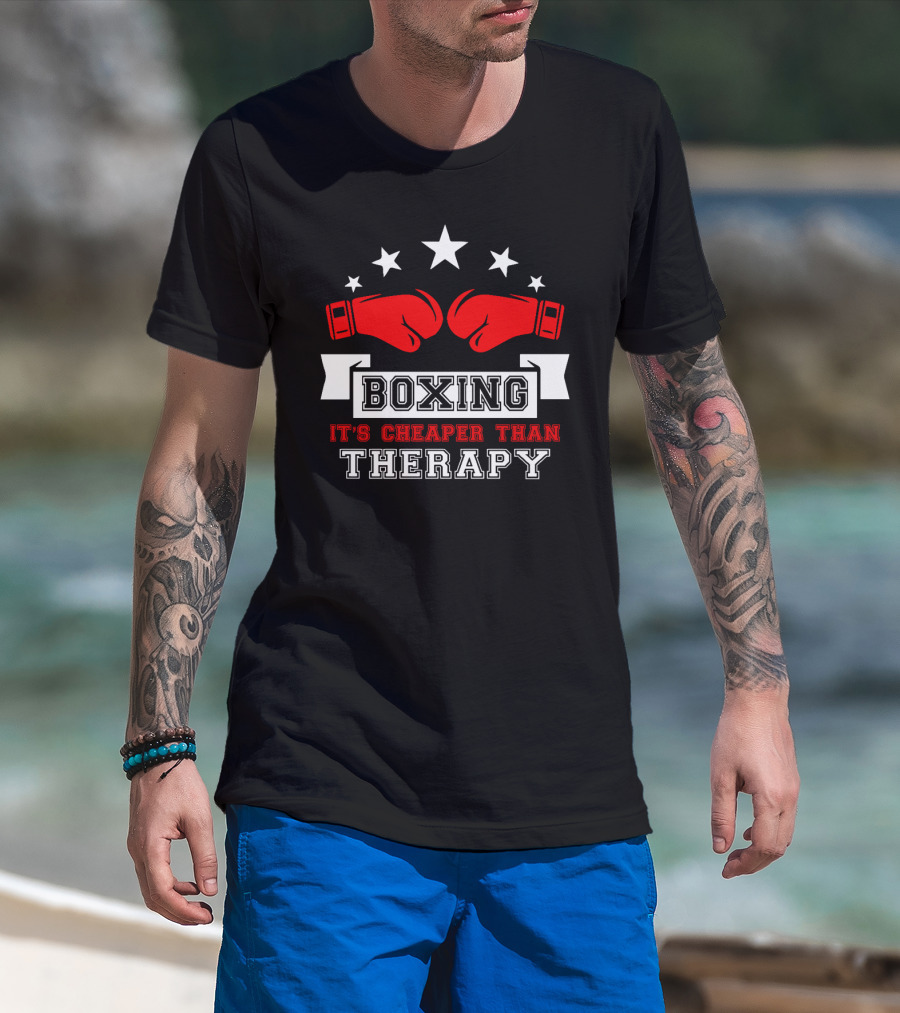 Boxing It's Cheaper Than Therapy Red Gloves Stars Boxer T-Shirt