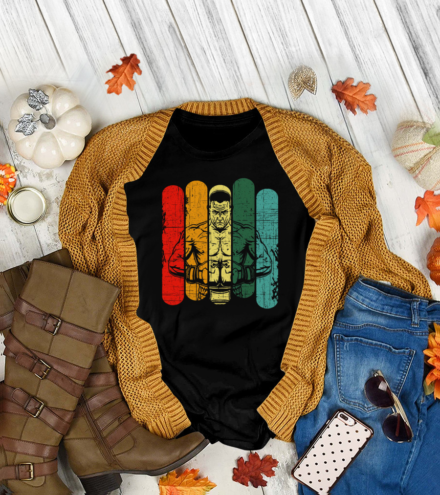 Retro Boxing Champion with Bold Multicolor Stripes T-Shirt