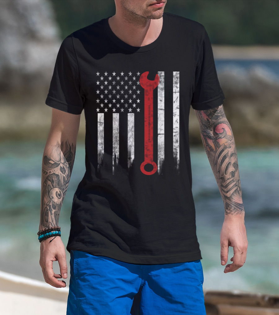 American Flag Wrench Engineer T-Shirt