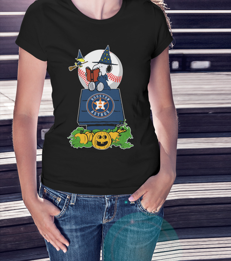 Houston Astros Halloween Snoopy And Woodstock Wizards Jack-O-Lantern Moon Baseball T-Shirt