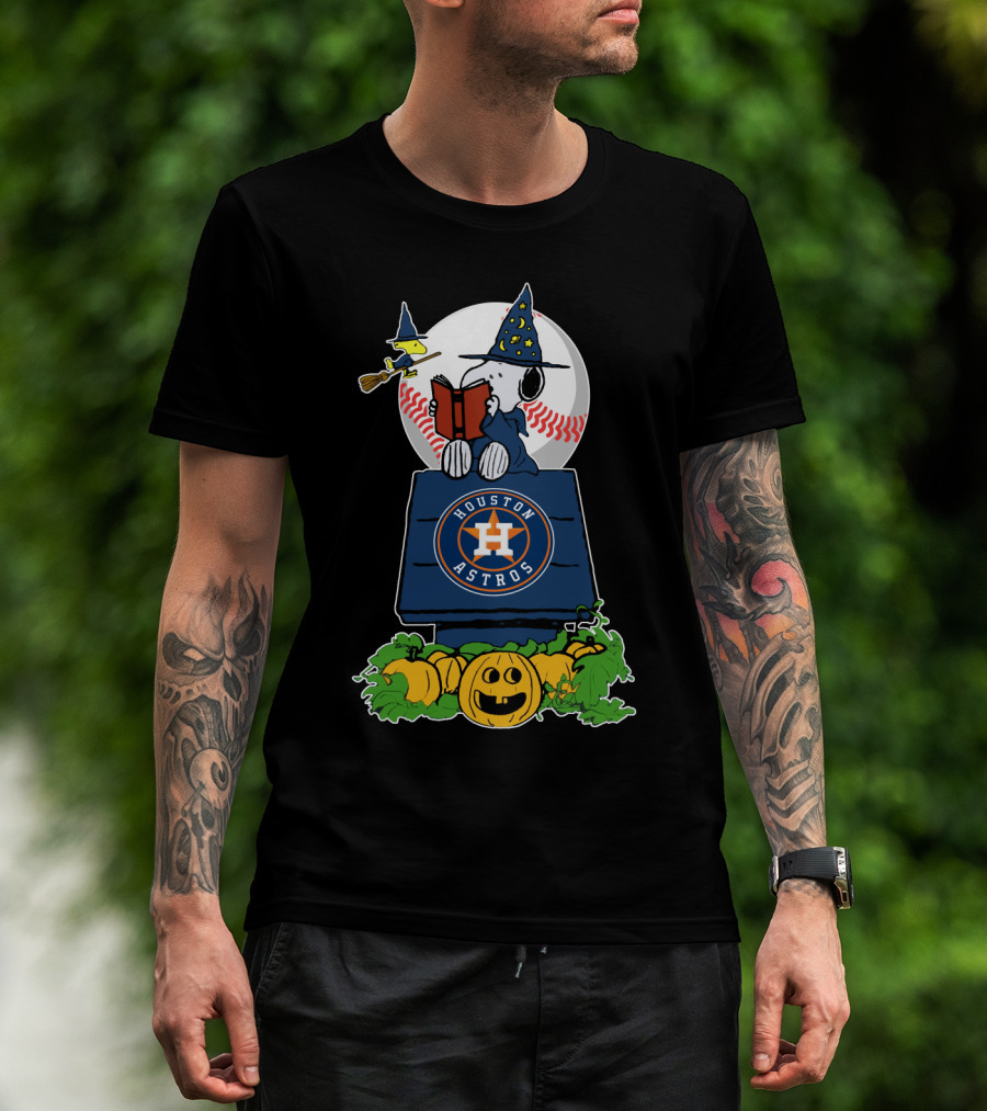 Houston Astros Halloween Snoopy And Woodstock Wizards Jack-O-Lantern Moon Baseball T-Shirt