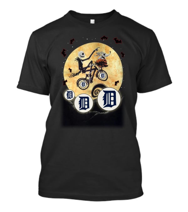 Detroit Tigers Halloween Moon With Jack Bicycle And Pumpkin T-Shirt