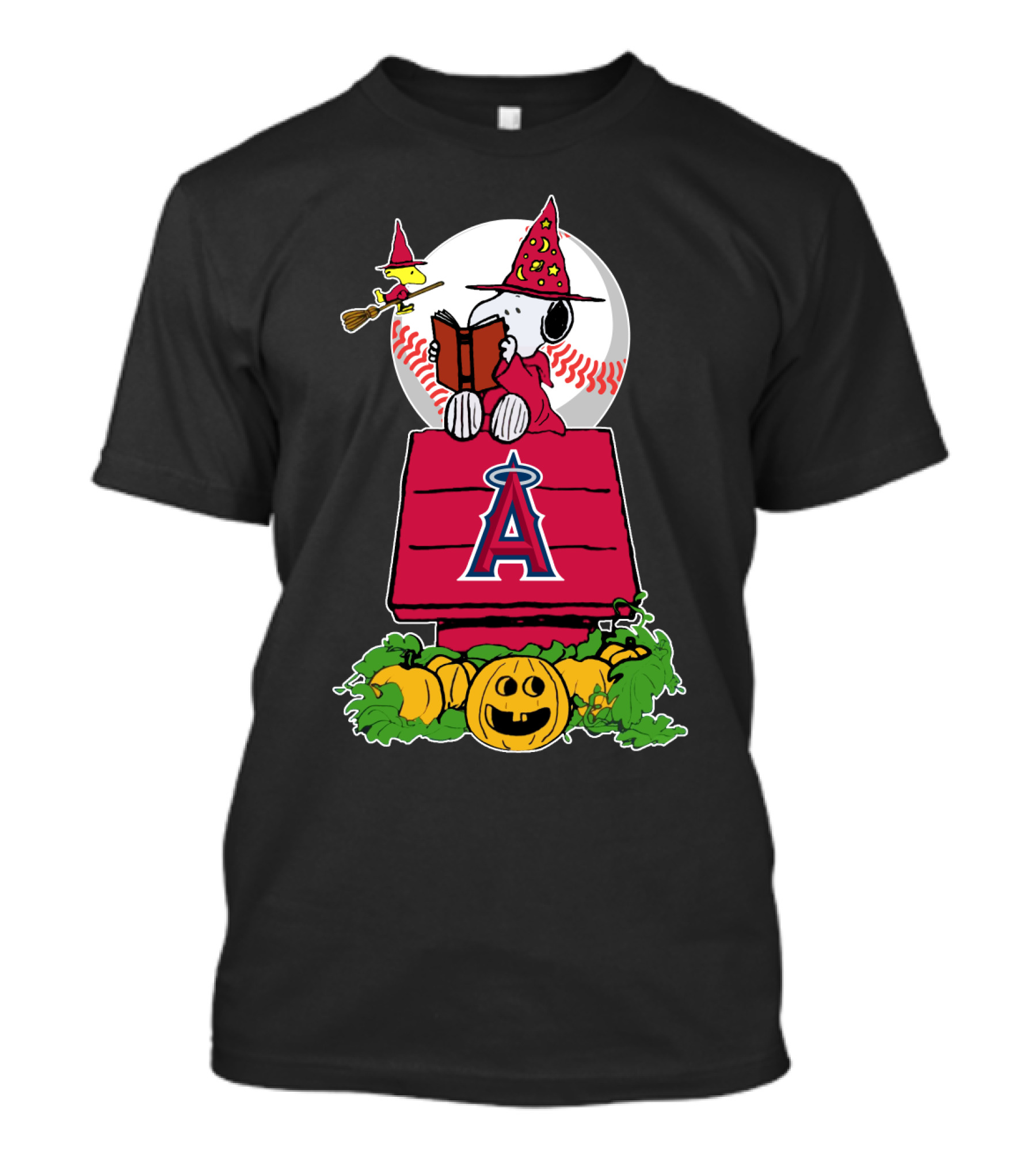 Snoopy And Woodstock Halloween Los Angeles Angels Baseball Pumpkin Scene T-Shirt