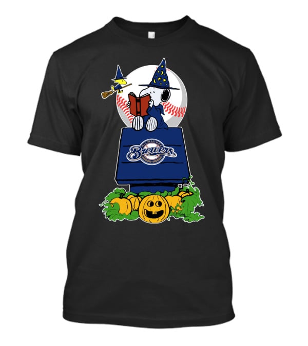 Milwaukee Brewers Halloween Snoopy Witch Baseball Pumpkin Scene T-Shirt