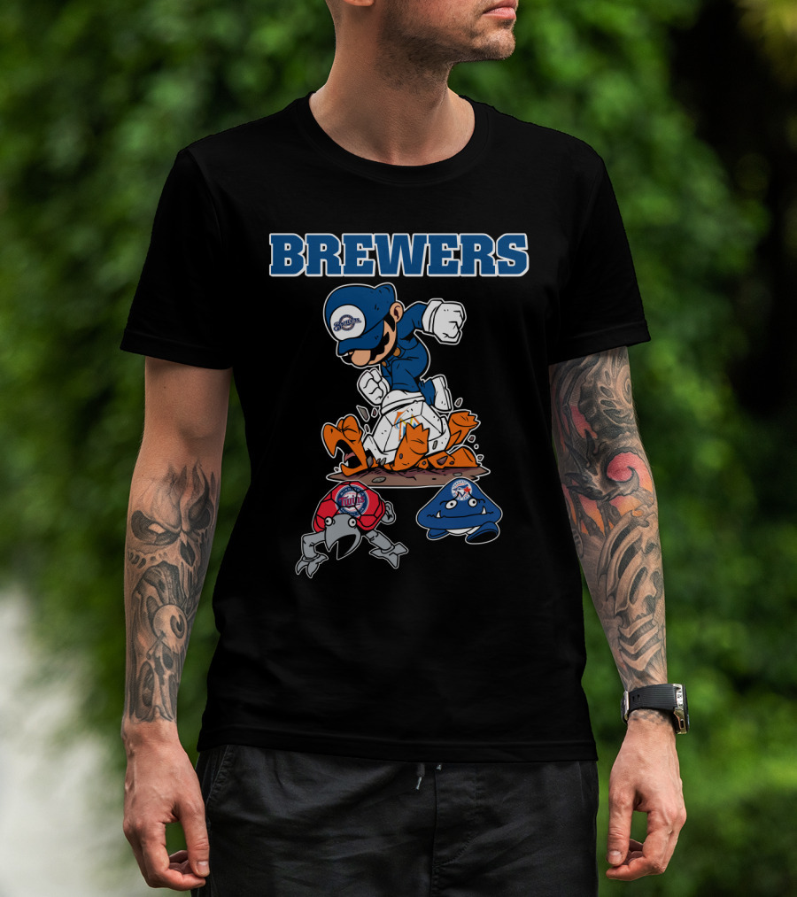 Brewers Cartoon Character In Blue Cap Stomping Orange And Red Creatures T-Shirt