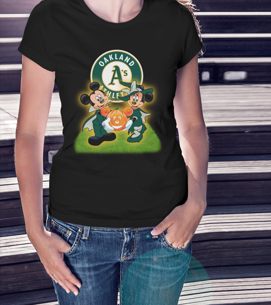 Oakland Athletics Halloween Mickey And Minnie With Pumpkin T-Shirt