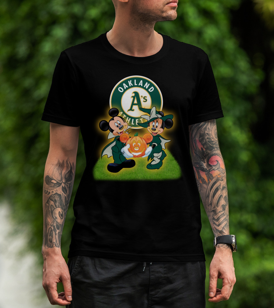 Oakland Athletics Halloween Mickey And Minnie With Pumpkin T-Shirt