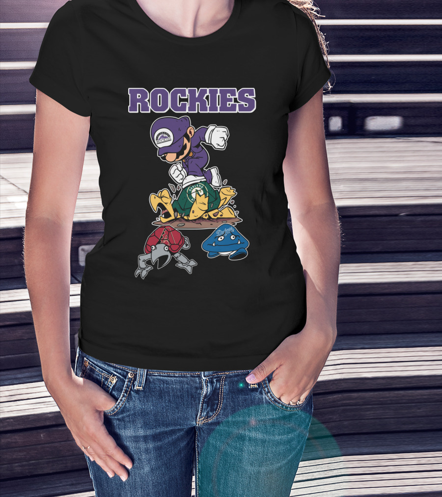 Rockies Character Action With Opponents In Green Yellow Red Blue Gear T-Shirt
